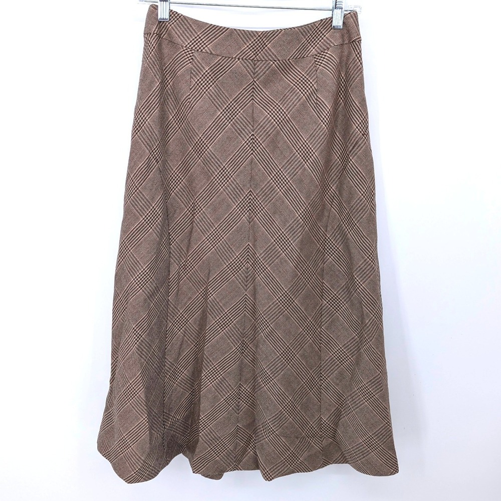Vintage Talbots Plaid Midi Skirt Women Petite 4P Brown Wool Blend A Line Vintage